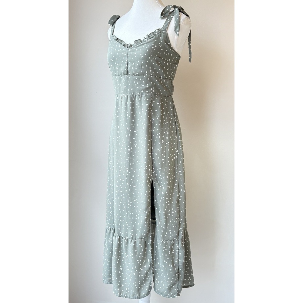 Abercrombie & Fitch Tie Strap Midi Dress Small Green Polka Dot Ruffles Side Slit - Picture 5 of 8